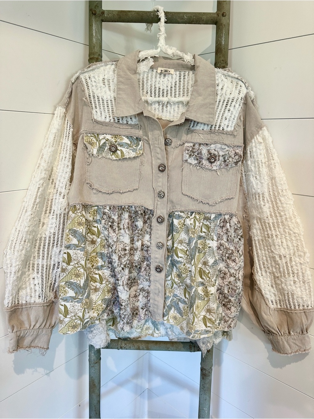 NEW POL: “The Kate”Neutral Mixed-Media Floral Patchwork Jacket - Beige & Cream - Picture 1 of 5